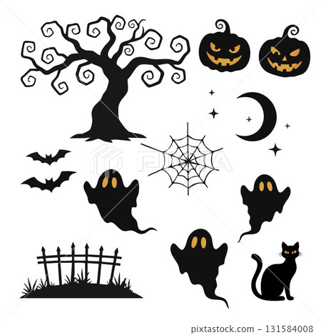 Silhouette Halloween Elements Collection Set with Creepy Tree ,Jack O Lantern ,Ghost,Black Cat and Spider Web.Vector Illustration 131584008