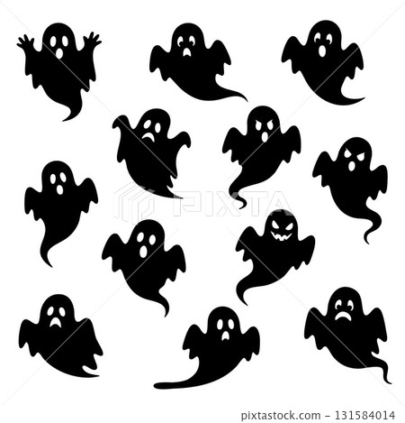 Silhouette Ghost Collection Set Halloween Funny and Spooky Faces.Vector Illustration 131584014