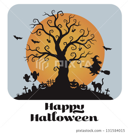 Happy Halloween Greetings Card Illustration with Spooky Tree Moon Haunted House Witch Bats and Gravestones.Vector Illustration 131584015