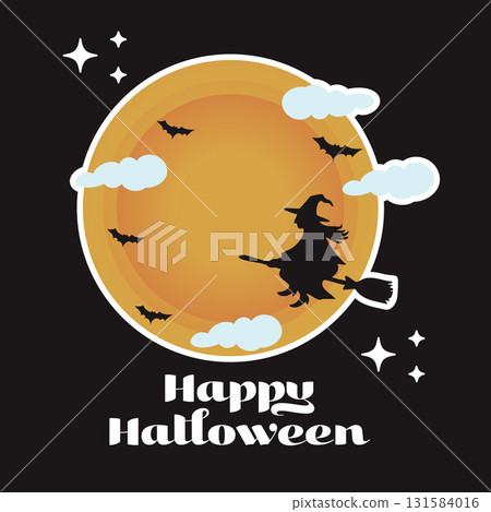 Happy Halloween Sticker Illustration with Witch Silhouette Flying on Broomstick Moon and Bats. Vector Illustration 131584016