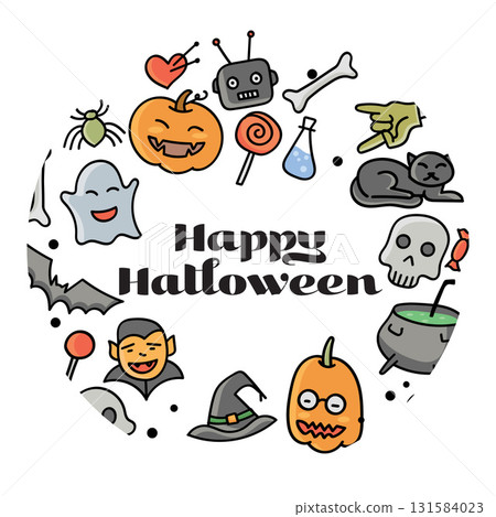 Happy Halloween Greeting Card with Doodle Icons Festive Celebration.Vector Illustration 131584023