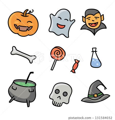 Halloween Doodle Line Color Icons Elements Collection Set with Pumpkin, Ghost ,Vampire and Witch Hat. Vector Illustration Halloween Doodle Line Color Icons Elements Collection Set with Pumpkin, Ghost ,Vampire and Witch Hat. Vector Illustration 131584032