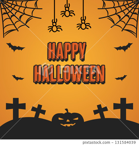 Happy Halloween Greeting Card Retro Typography with Spider Web and Cemetery Silhouette.Vector Illustration Happy Halloween Greeting Card Retro Typography with Spider Web and Cemetery Silhouette.Vector Illustration 131584039