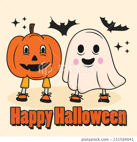 Happy Halloween Mascot Pumpkin and Ghost Cartoon Retro Hand-Drawn Colorful Illustration.Vector Illustration 131584041