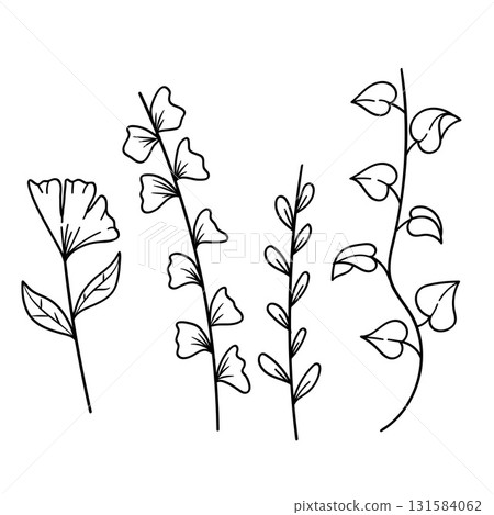 Set of Hand Drawn Doodle Wild Plants and Leaves Line Art. Simple Botanical Sketch Collection Vector Illustration 131584062
