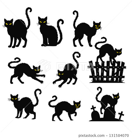 Black Cat Scary Silhouette Collection. Spooky Halloween Animal Icons Vector Set. 131584070