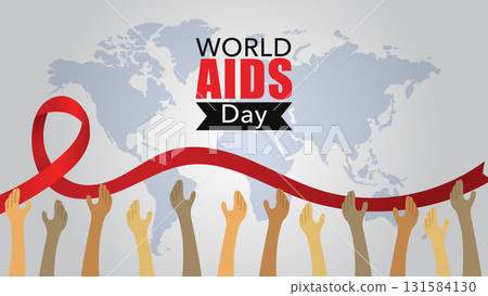 World AIDS Day banner with diverse hands holding red ribbon on world map background. Vector illustration World AIDS Day banner with diverse hands holding red ribbon on world map background. Vector illustration 131584130