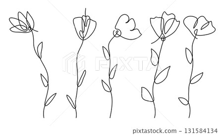 Single line art flowers vector illustration.One continuous line art flowers collection. 131584134