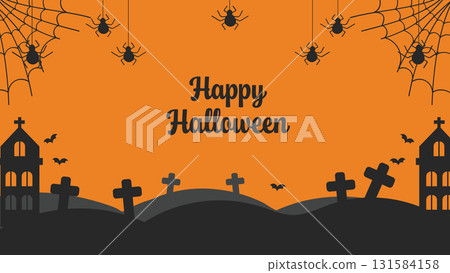 Happy Halloween Greeting Banner with Silhouette Gravestones, Spider Web, Spiders, and Bats.Vector illustration 131584158