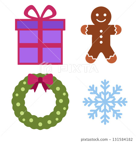 Christmas Elements Flat Illustration Collection with Gingerbread, Snowflake, Gift Box and Wreath Vector. 131584182
