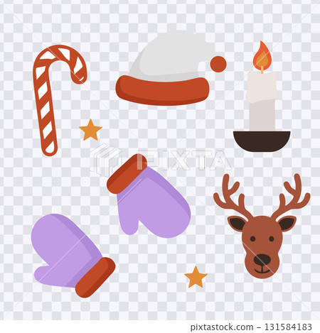 Christmas Elements Flat Design Collection Set with Santa Hat Reindeer and Candy Cane.Vector Illustration 131584183