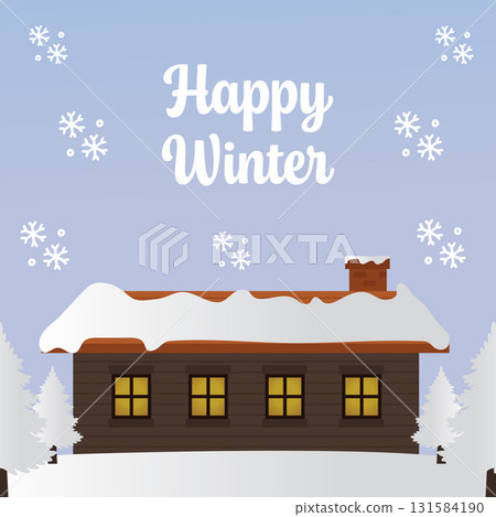 Happy Winter Illustration with Wooden House, Pine Trees, Snowflake, and Snow Flat Vector Card. 131584190