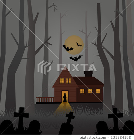 Scary Wooden House in the Forest Scene. Ghost Figure, Foggy Trees, Tombstones, and Moon Illustration. 131584198
