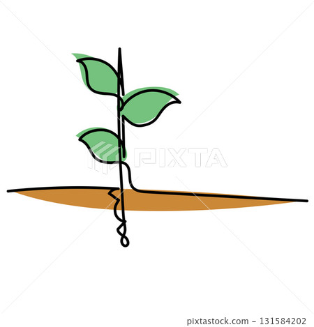 Plant and Leaves Growth One Continuous Line Art.Sprouting Seedling with Green and Brown Color Vector Illustration. 131584202