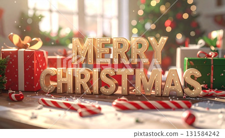 Bold "Merry Christmas" text on a table surrounded by gifts, candy, and winter decorations Bold "Merry Christmas" text on a table surrounded by gifts, candy, and winter decorations 131584242