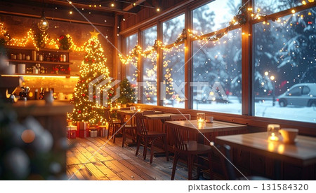 聖誕裝飾的舒適咖啡廳內部和雪窗 聖誕裝飾的舒適咖啡廳內部和雪窗 131584320