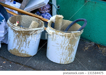 Cleaning.Construction waste,two plastic buckets with used rollers Cleaning.Construction waste,two plastic buckets with used rollers 131584475