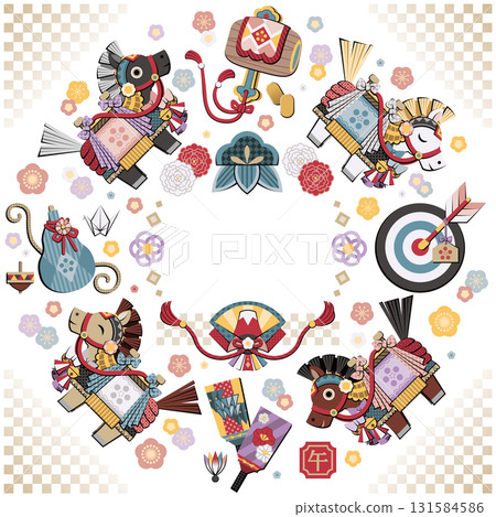 馬年插圖新年設計「Chagu Chagu Umako和幸運符」方形影印空間 131584586