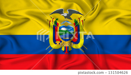 Realistic Ecuador flag waving. Close up of flag of Ecuador with cloth texture Realistic Ecuador flag waving. Close up of flag of Ecuador with cloth texture 131584626
