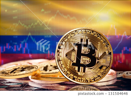 Bitcoin with Colombia flag in the background. Investors in cryptocurrency and Blockchain Technology in Colombia, Concept Bitcoin with Colombia flag in the background. Investors in cryptocurrency and Blockchain Technology in Colombia, Concept 131584646