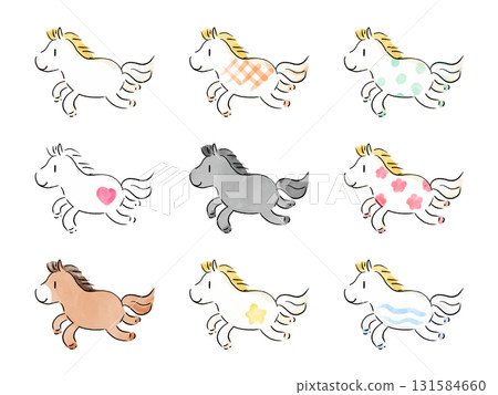 Cute horse illustration set (watercolor, picture book style) Umakugo 131584660