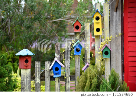 Colorful wooden birdhouses on old logs For decorating the garden to look bright and lively. 131584690