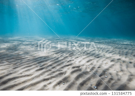 Underwater photo of sandy seabed with sun rays shining through clear ocean water 131584775