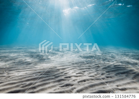 Underwater view of sandy seabed with sun rays 131584776