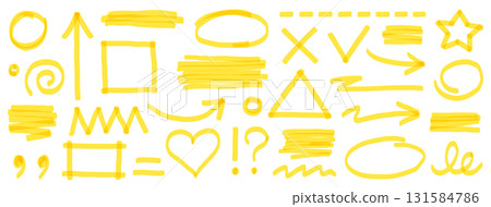 Highlight marker pen element set. Yellow color marker and brush stroke with highlight underline, check arrow and round circle. Doodle texture sketch shapes in school art style. Vector 131584786