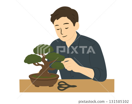 一名男子修剪盆景盆的插圖 一名男子修剪盆景盆的插圖 131585102
