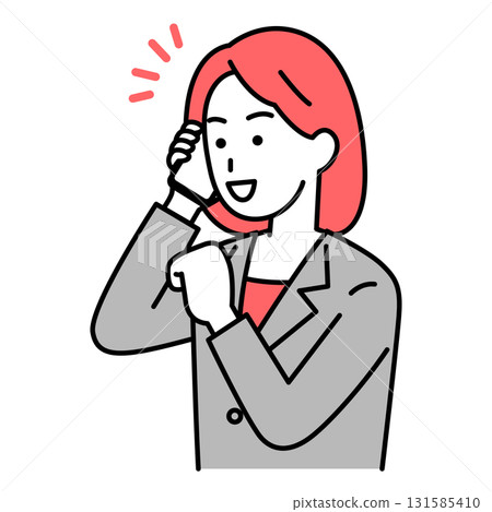 A woman in a suit who is happy talking on a smartphone 131585410