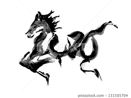 水墨風馬毛筆人物插圖新年賀卡材料 131585704