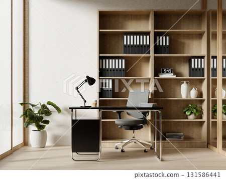 Cozy office design featuring a stylish black desk and serene decor, 3D render illustration. 131586441