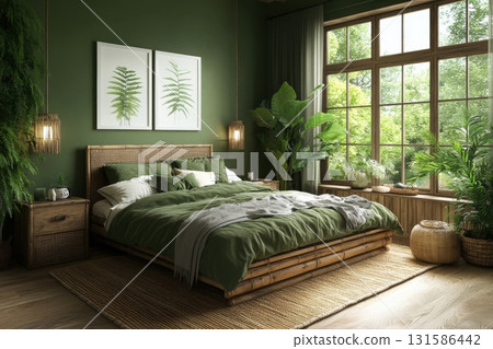 Modern green bedroom retreat a cozy space for serenity and natural light 131586442