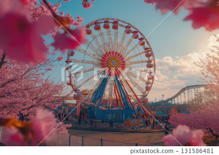 Spring festival fun ferris wheel at cherry blossom park amusement vibrant atmosphere scenic view 131586481