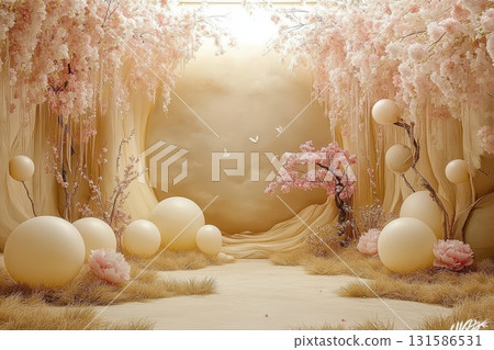 Elevated view of serene blossoms in an enchanted tranquil garden landscape 131586531