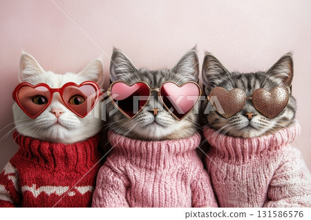 Whimsical close-up of cute cats in heart-shaped sunglasses fun indoor pet photography 131586576