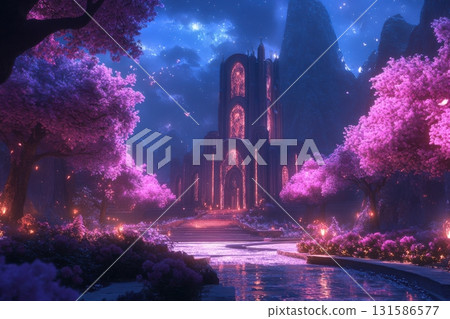 Enchanted evening mystical temple amidst cherry blossoms fantasy landscape celestial vibes 131586577
