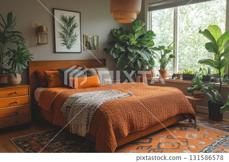Cozy bedroom retreat with indoor plants home interior design natural light aesthetic vibe 131586578