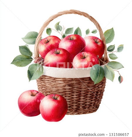 Watercolor autumn basket filled with red apple and green leaf creates fresh and natural feeling perfect for seasonal harvest or kitchen decor 131586657