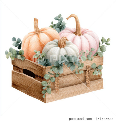 Watercolor autumn pumpkins in pastel colors arranged in rustic wooden crate with green eucalyptus leaves create cozy seasonal decoration on white background Watercolor autumn pumpkins in pastel colors arranged in rustic wooden crate with green eucalyptus leaves create cozy seasonal decoration on white background 131586688