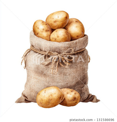 Watercolor farm scene with rustic burlap sack filled with fresh potatoes, earthy tones and natural texture evoke sense of rural abundance and organic harvest Watercolor farm scene with rustic burlap sack filled with fresh potatoes, earthy tones and natural texture evoke sense of rural abundance and organic harvest 131586696