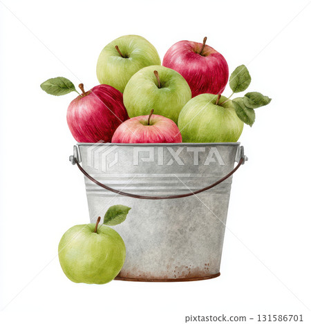 Watercolor farm apple illustration features rustic metal bucket filled with fresh red and green apples with leaves isolated on white background for harvest and organic food concepts Watercolor farm apple illustration features rustic metal bucket filled with fresh red and green apples with leaves isolated on white background for harvest and organic food concepts 131586701