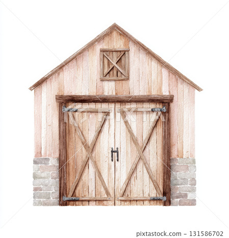 Watercolor farm barn illustration features rustic wooden structure with stone foundation and large double doors, evoking peaceful countryside atmosphere perfect for rural themed designs 131586702