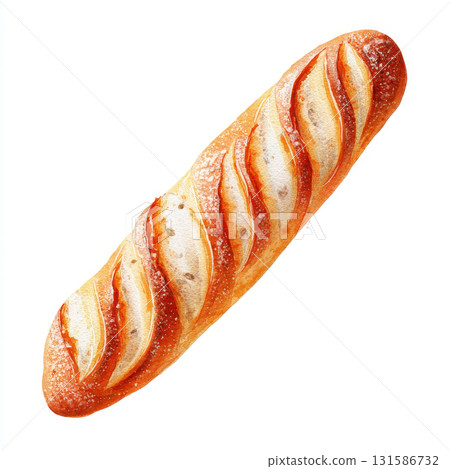 Watercolor bakery bread illustration features golden crusty baguette with artistic texture and detail, evoking fresh and appetizing feeling on white background 131586732