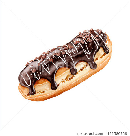 Watercolor bakery illustration featuring delicious eclair topped with rich chocolate glaze and white icing, perfect for dessert menus or pastry shop decoration 131586738