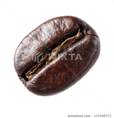 Coffee bean macro closeup, brown roasted seed isolated on white background, detailed texture, aromatic ingredient for beverage, caffeine concept, food photography 131586771