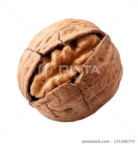 Cracked walnut nut element realistic texture brown shell isolated on white background healthy snack natural food closeup detailed surface organic ingredient 131586773