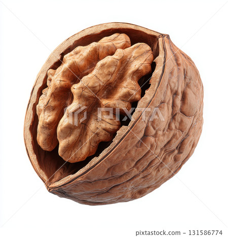 Cracked walnut nut element realistic texture brown shell healthy food closeup Cracked walnut with realistic texture brown shell and detailed nut element healthy food closeup isolated white 131586774