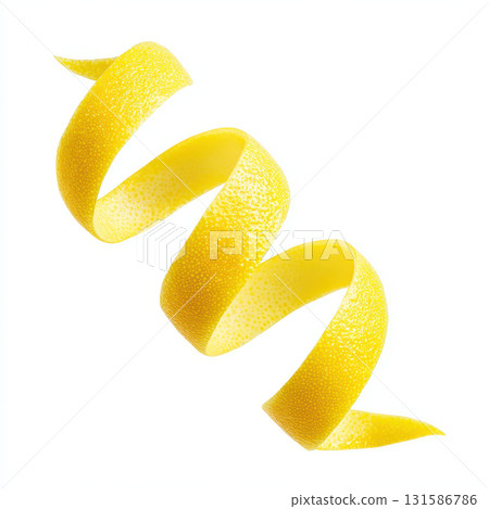 Lemon zest twist garnish element, yellow citrus peel spiral isolated on white background, fresh and vibrant, used for cocktail decoration or dessert accent 131586786